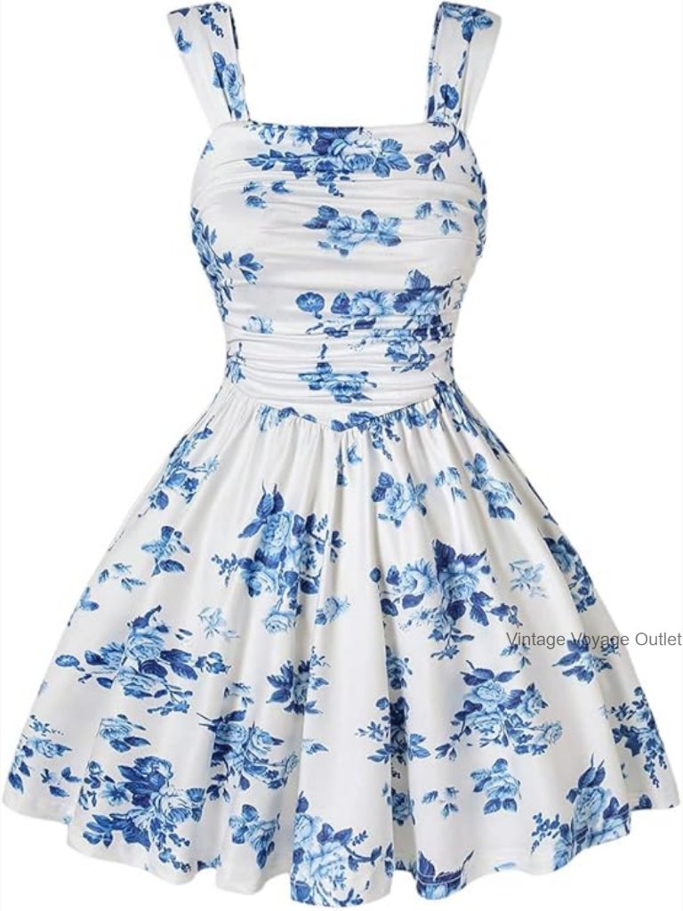 Girl's Boho Floral Strap Cami Dress Ruched Bust Ruffle High Waist A-Line